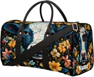 Cattle Animal Flower Print Sports Tote Gym Duffel Bag Customized Name for Women & Men,Waterproof Beach Bag Foldable Personal Item Travel Bag for Weekender Overnight Dance Carry-On Bag