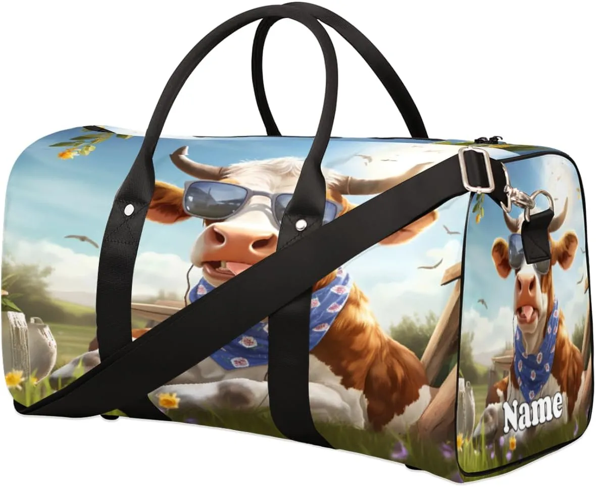 Cattle Animal Sunglasses Illustrations Sports Tote Gym Duffel Bag Customized Name for Women & Men,Waterproof Beach Bag Foldable Personal Item Travel Bag for Weekender Overnight Dance Carry-On Bag