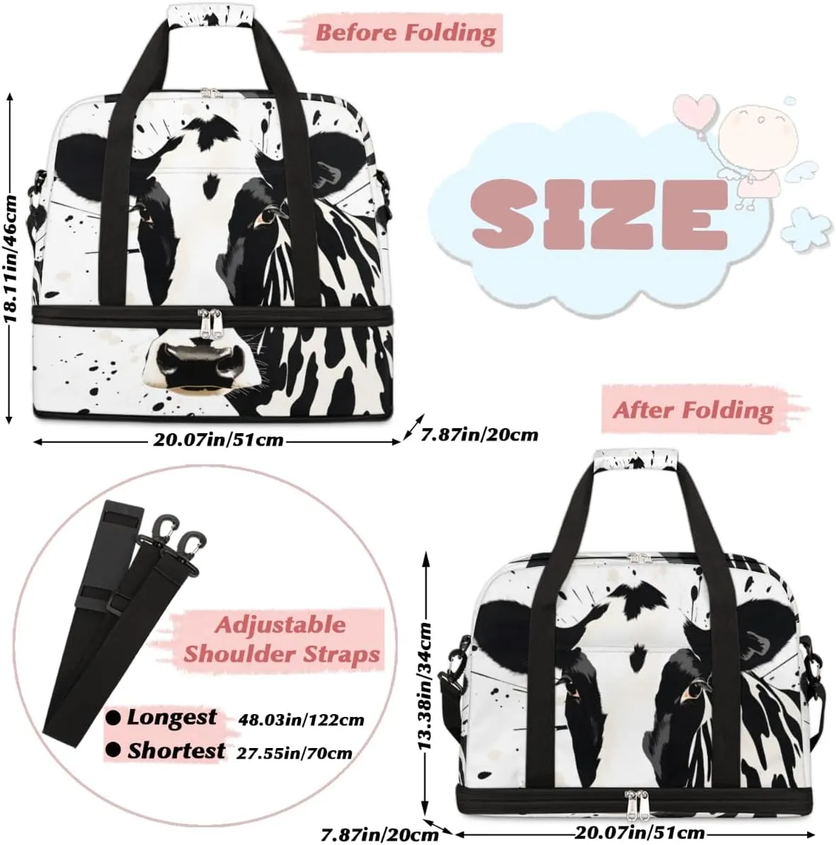 Cattle Cow Print Foldable Travel Duffel Bag Overnight Weekender Bag with Shoes Compartment Sports Gym Bag for Men Women