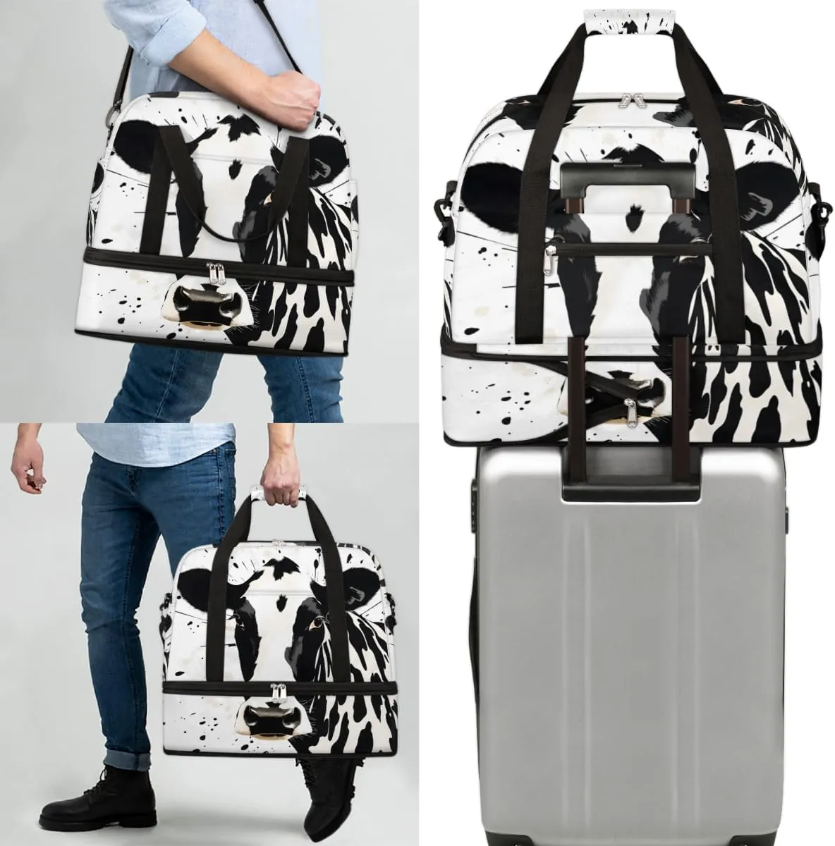 Cattle Cow Print Foldable Travel Duffel Bag Overnight Weekender Bag with Shoes Compartment Sports Gym Bag for Men Women
