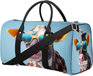 Cattle Sunglasses Print Sports Tote Gym Duffel Bag Customized Name for Women & Men,Waterproof Beach Bag Foldable Personal Item Travel Bag for Weekender Overnight Dance Carry-On Bag