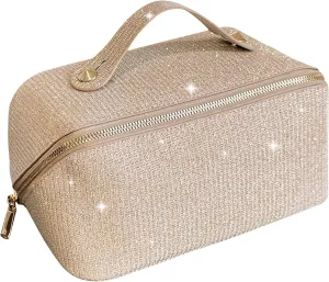 Cessfle Large Capacity Travel Cosmetic Bag Glitter Makeup Bag Everything Sparkly Shiny Make up Bag Portable Sequin Toiletry Travel Bag with Handle and Divider for Women