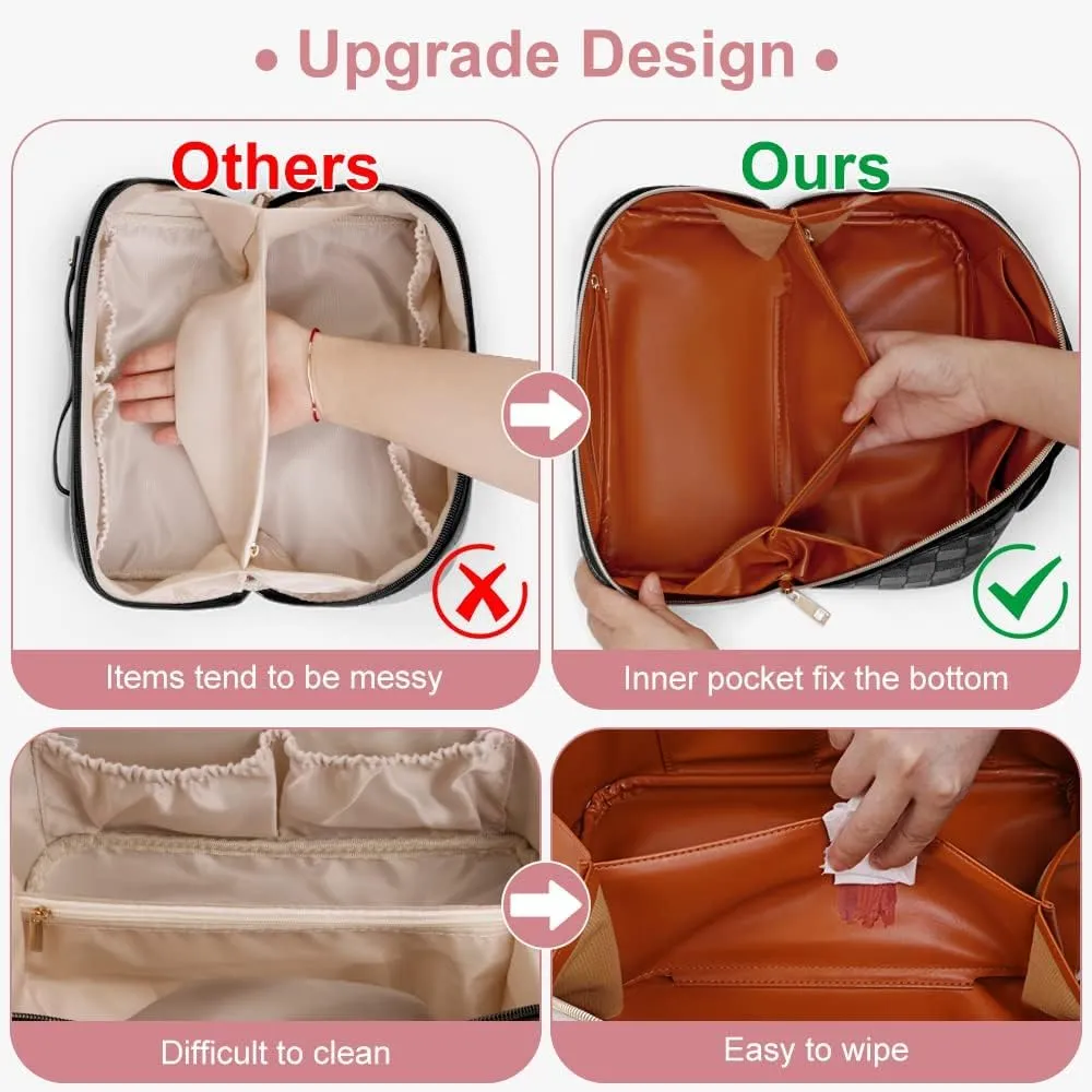 Cessfle Travel Makeup Bag, Checkered Makeup Bag Large Capacity Cosmetic Bag, Parallel Makeup Bag Large Makeup Bags for Women with Handle and Divider