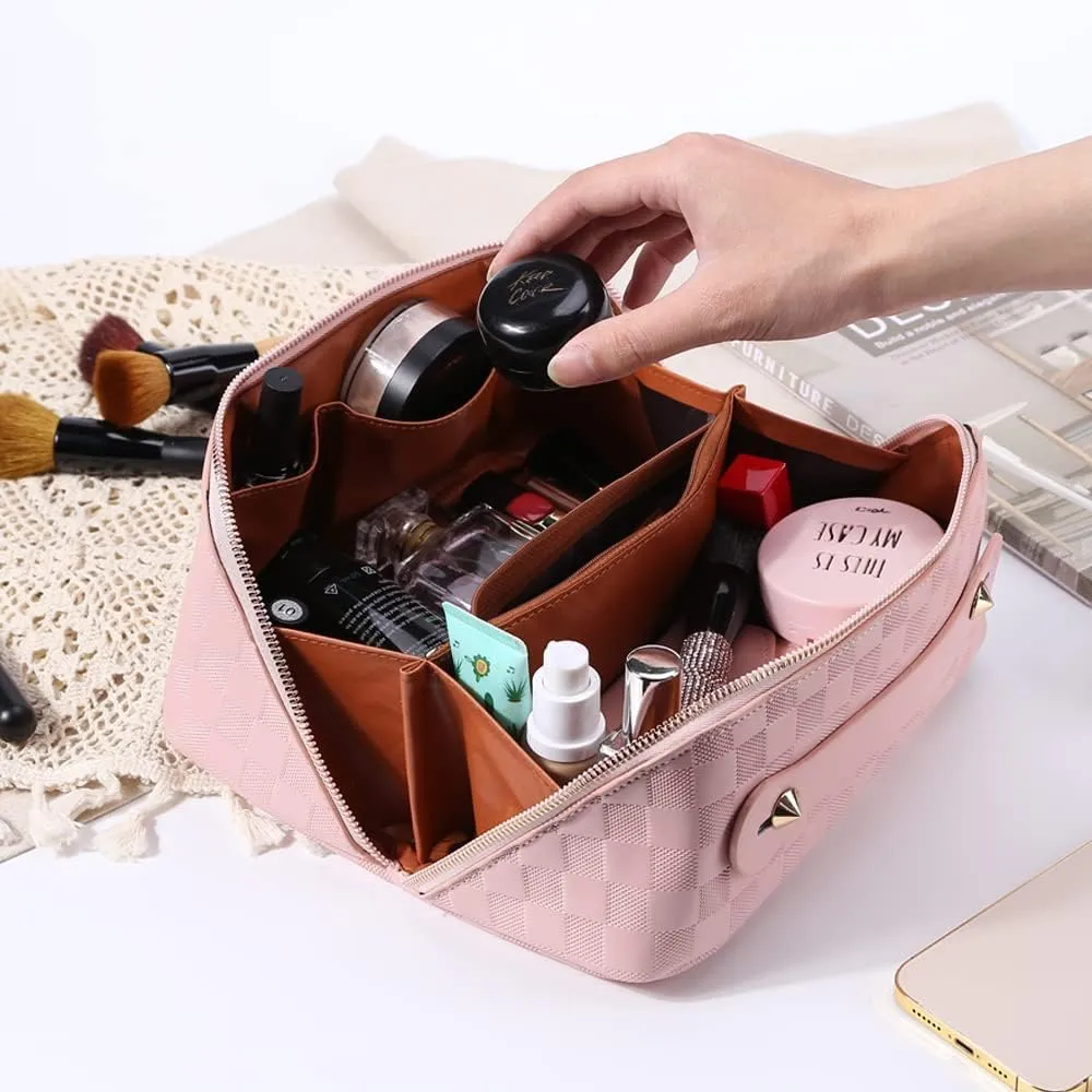 Cessfle Travel Makeup Bag, Checkered Makeup Bag Large Capacity Cosmetic Bag, Parallel Makeup Bag Large Makeup Bags for Women with Handle and Divider