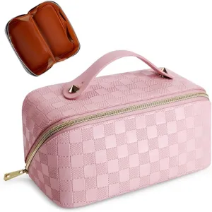 Cessfle Travel Makeup Bag, Checkered Makeup Bag Large Capacity Cosmetic Bag, Parallel Makeup Bag Large Makeup Bags for Women with Handle and Divider