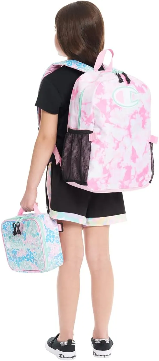 Champion Kids' Youth Backpacks & Lunch Kit Combo, Pink Candy/Aruba Blue, One-Size