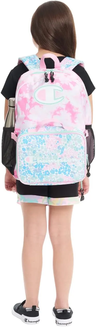 Champion Kids' Youth Backpacks & Lunch Kit Combo, Pink Candy/Aruba Blue, One-Size