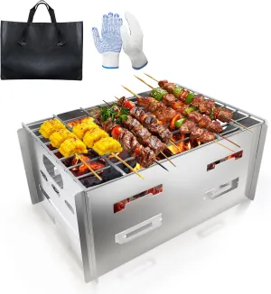 Charcoal Grills, Small Portable BBQ Charcoal Grill Foldable for Camping, Beach & Balcony – Stainless Steel, Square-shaped, Mini Outdoor Grill with Carrying Bag – Asadores De Carbon Portatil