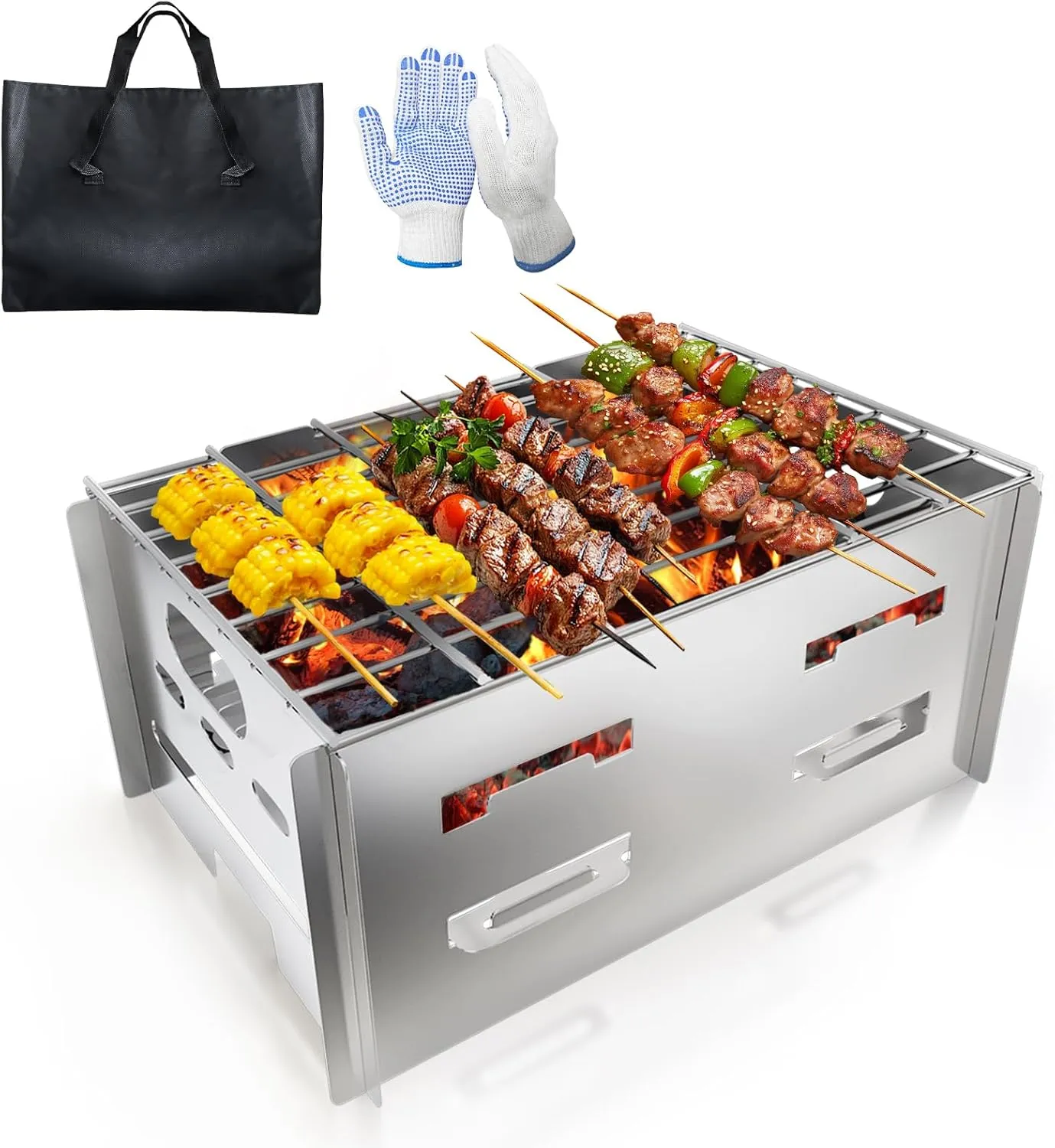 Charcoal Grills, Small Portable BBQ Charcoal Grill Foldable for Camping, Beach & Balcony – Stainless Steel, Square-shaped, Mini Outdoor Grill with Carrying Bag – Asadores De Carbon Portatil