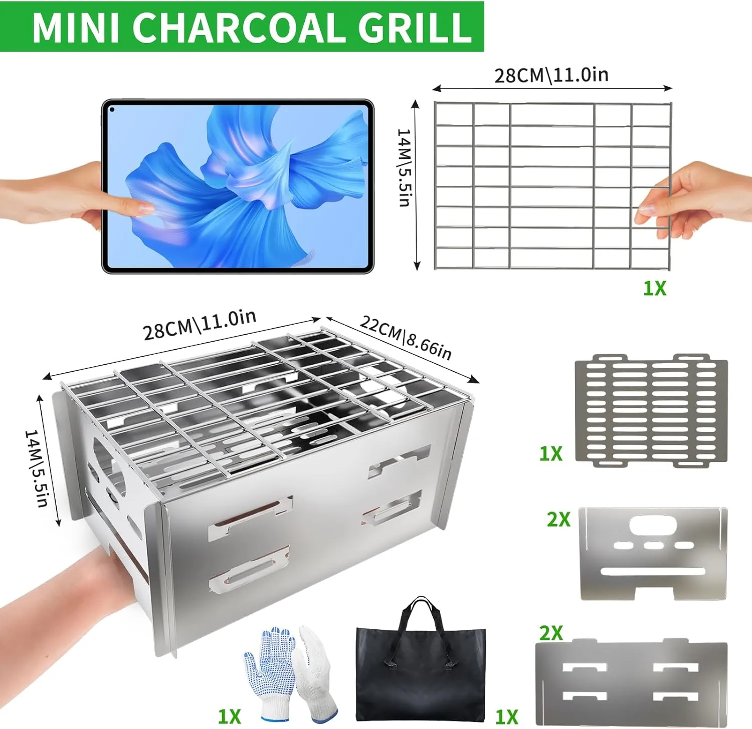 Charcoal Grills, Small Portable BBQ Charcoal Grill Foldable for Camping, Beach & Balcony – Stainless Steel, Square-shaped, Mini Outdoor Grill with Carrying Bag – Asadores De Carbon Portatil
