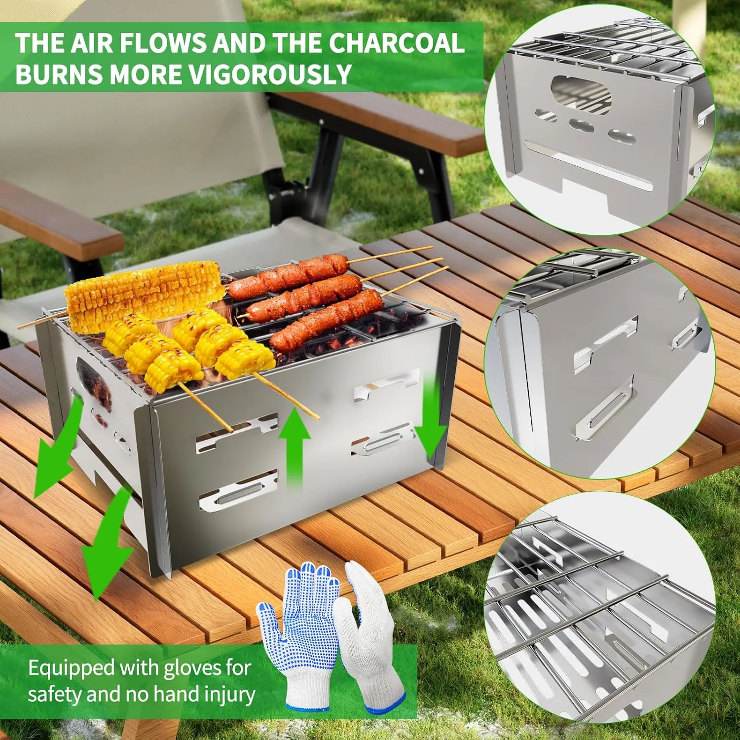 Charcoal Grills, Small Portable BBQ Charcoal Grill Foldable for Camping, Beach & Balcony – Stainless Steel, Square-shaped, Mini Outdoor Grill with Carrying Bag – Asadores De Carbon Portatil