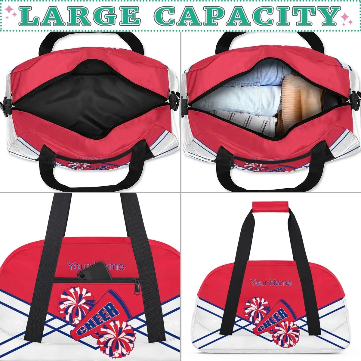 Cheer Bag Girl Personalized Sport Duffel Bag,Custom Kids Gym Bag,Travel Dance Bag with Name, Overnight Weekender Bags,Cheerleading Gifts Blue Red
