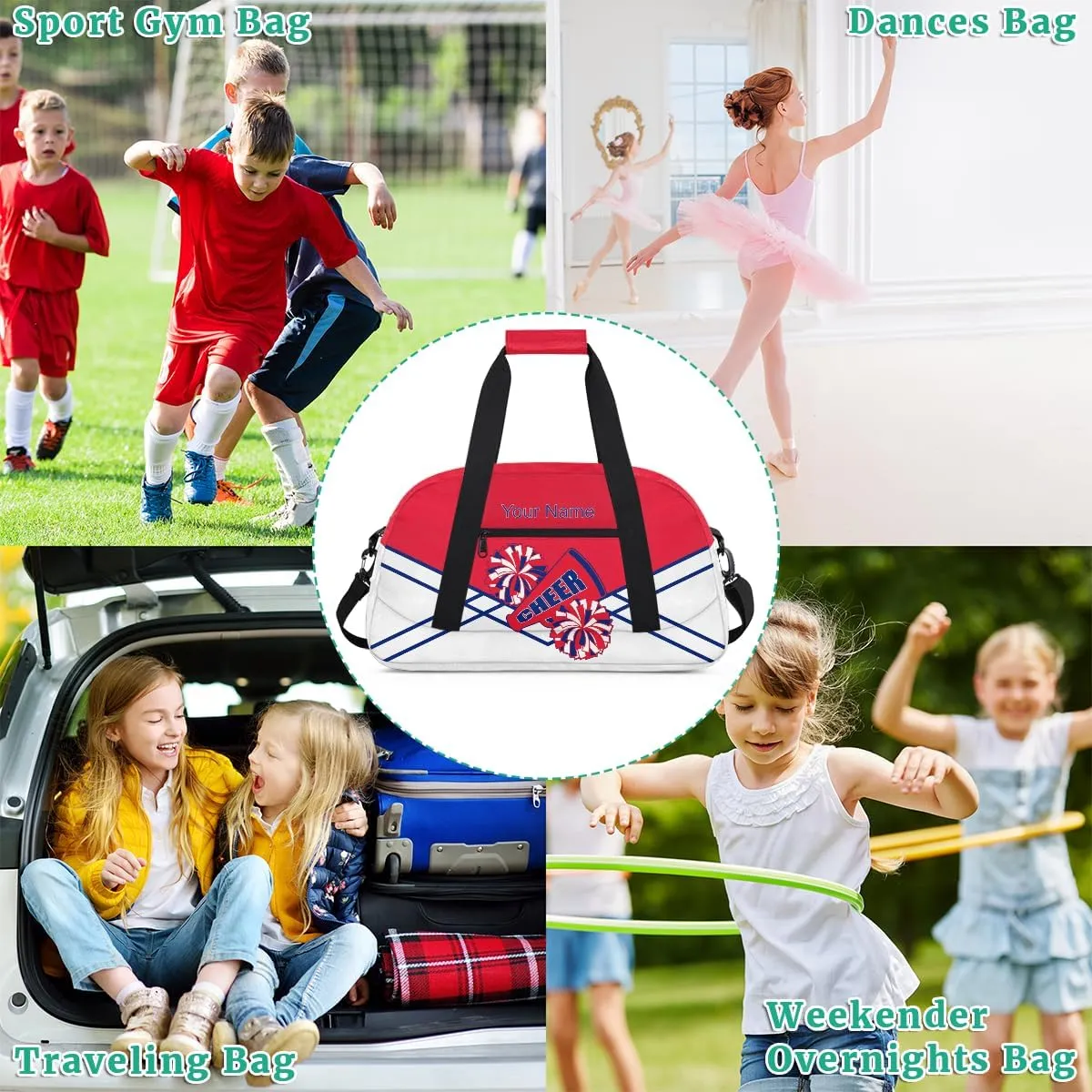 Cheer Bag Girl Personalized Sport Duffel Bag,Custom Kids Gym Bag,Travel Dance Bag with Name, Overnight Weekender Bags,Cheerleading Gifts Blue Red