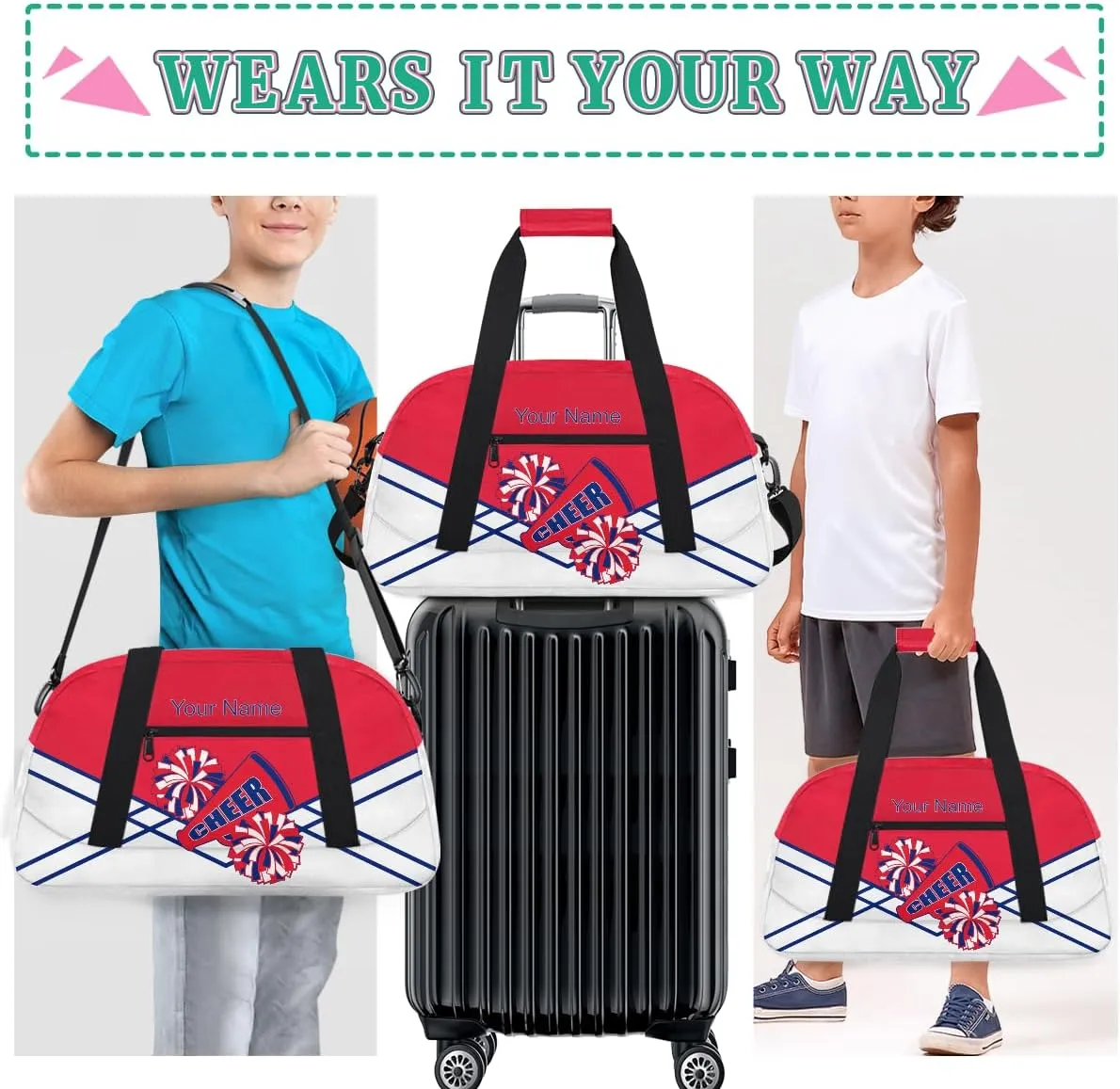 Cheer Bag Girl Personalized Sport Duffel Bag,Custom Kids Gym Bag,Travel Dance Bag with Name, Overnight Weekender Bags,Cheerleading Gifts Blue Red