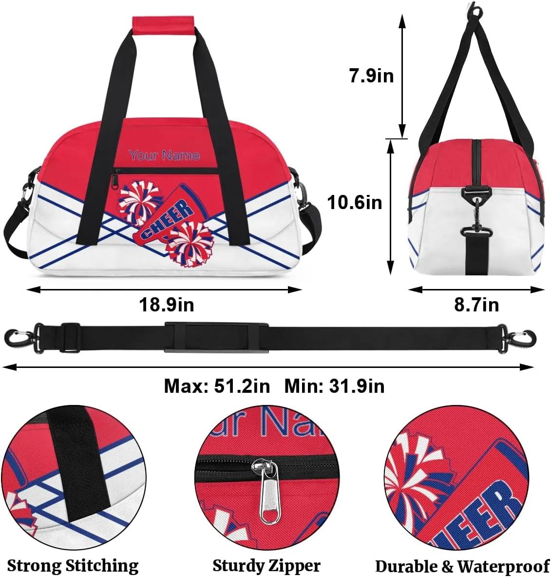 Cheer Bag Girl Personalized Sport Duffel Bag,Custom Kids Gym Bag,Travel Dance Bag with Name, Overnight Weekender Bags,Cheerleading Gifts Blue Red
