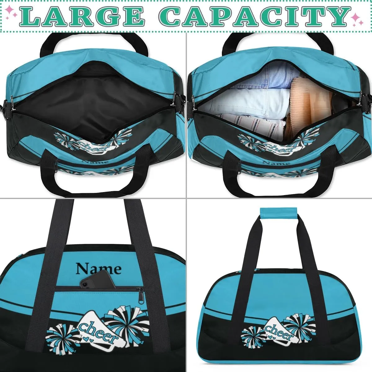 Cheer Blue Black Personalized Duffle Bag for Kids Custom Dance Ballet Bag with Name Lightweight Travel Weekender Overnight Bags Sport Gym Duffel Bag Workout Carry On Tote for Girls Boys