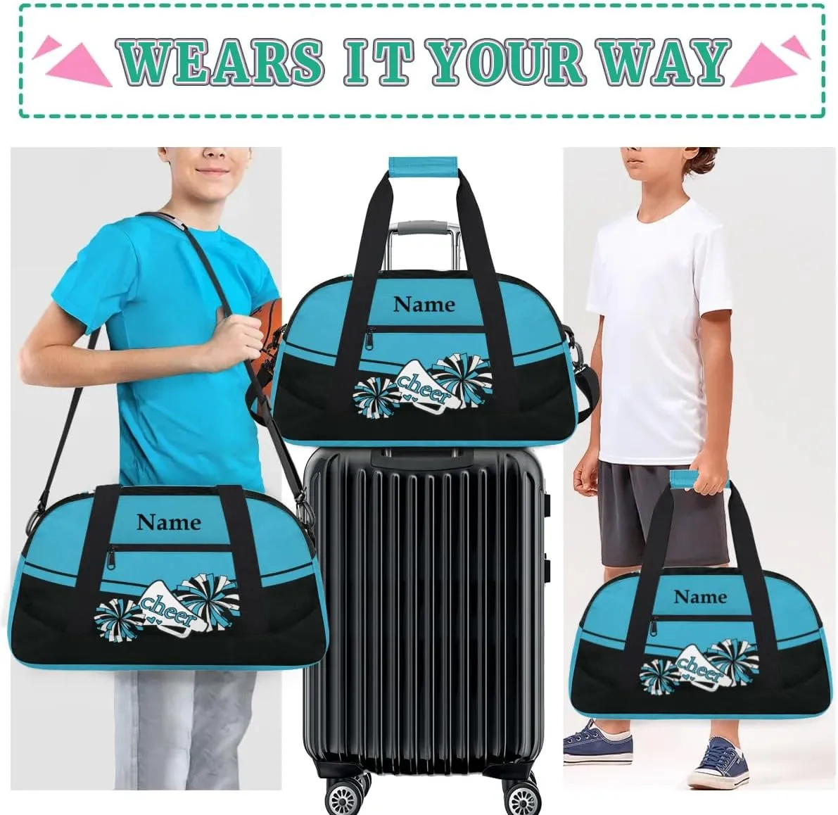 Cheer Blue Black Personalized Duffle Bag for Kids Custom Dance Ballet Bag with Name Lightweight Travel Weekender Overnight Bags Sport Gym Duffel Bag Workout Carry On Tote for Girls Boys
