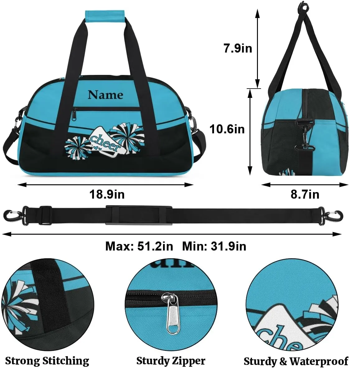 Cheer Blue Black Personalized Duffle Bag for Kids Custom Dance Ballet Bag with Name Lightweight Travel Weekender Overnight Bags Sport Gym Duffel Bag Workout Carry On Tote for Girls Boys