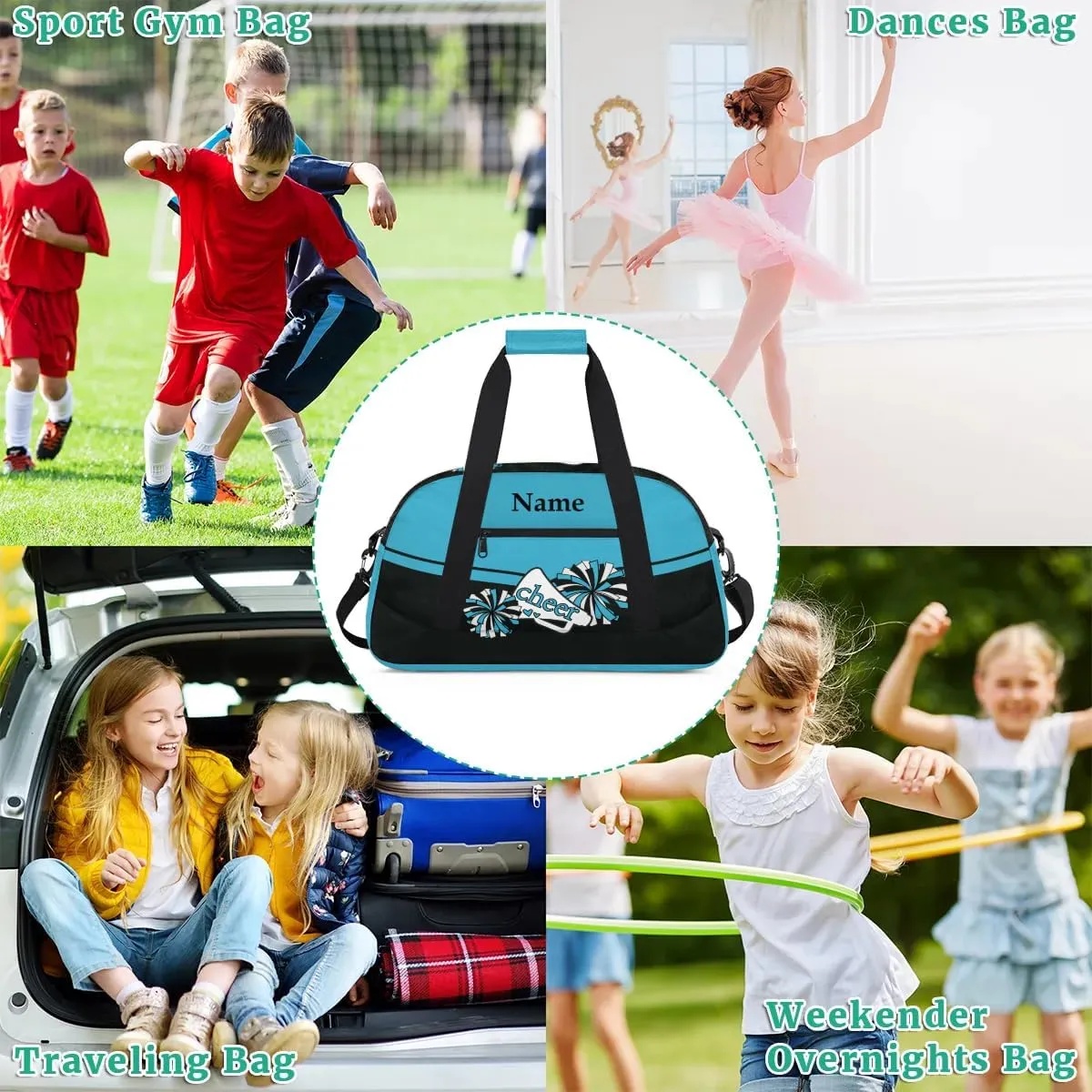 Cheer Blue Black Personalized Duffle Bag for Kids Custom Dance Ballet Bag with Name Lightweight Travel Weekender Overnight Bags Sport Gym Duffel Bag Workout Carry On Tote for Girls Boys