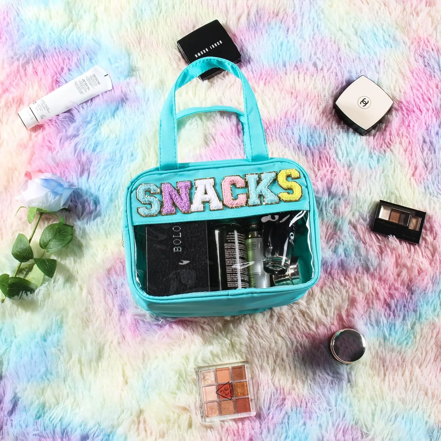 Chenille Letter Clear Makeup Bag, Snacks Bag for Travel, Preppy Patch Nylon Cosmetic Bag With Handles and Zipper, Waterproof Large Toiletry Storage Bag for Women Green