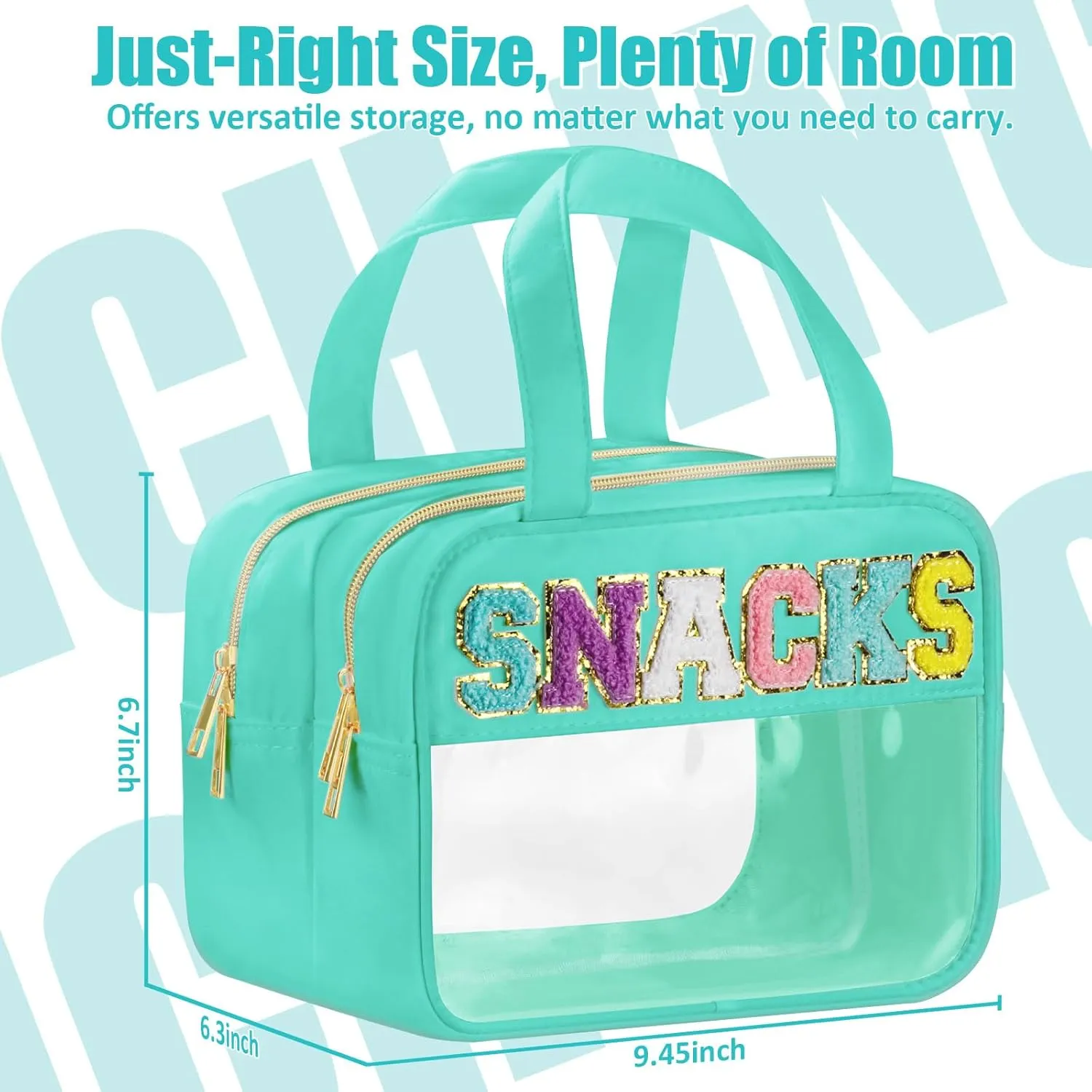 Chenille Letter Clear Makeup Bag, Snacks Bag for Travel, Preppy Patch Nylon Cosmetic Bag With Handles and Zipper, Waterproof Large Toiletry Storage Bag for Women Green