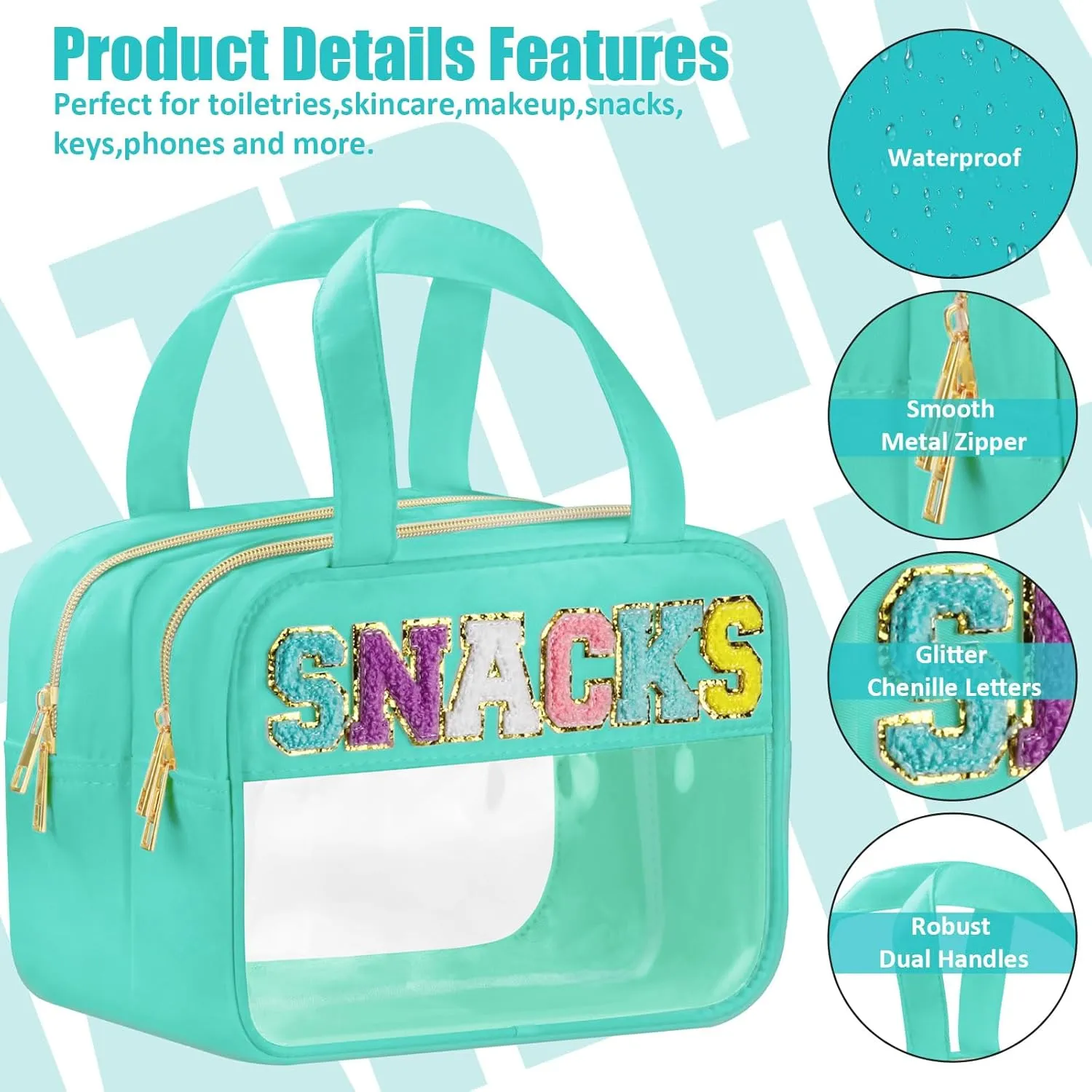 Chenille Letter Clear Makeup Bag, Snacks Bag for Travel, Preppy Patch Nylon Cosmetic Bag With Handles and Zipper, Waterproof Large Toiletry Storage Bag for Women Green