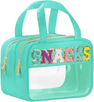 Chenille Letter Clear Makeup Bag, Snacks Bag for Travel, Preppy Patch Nylon Cosmetic Bag With Handles and Zipper, Waterproof Large Toiletry Storage Bag for Women Green