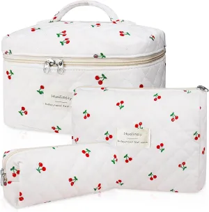 Cherry Makeup Bag Set ， 3 PCS Cute Cherry Bag Set, Travel Toiletry Organizer quilted Bags ，Large Coquette Aesthetic Make Up Cosmetic Bag For Women (white-cherry)