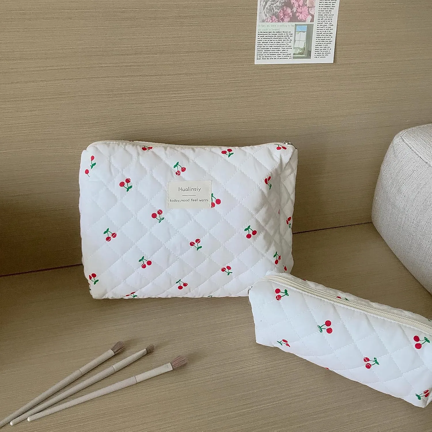 Cherry Makeup Bag Set ， 3 PCS Cute Cherry Bag Set, Travel Toiletry Organizer quilted Bags ，Large Coquette Aesthetic Make Up Cosmetic Bag For Women (white-cherry)