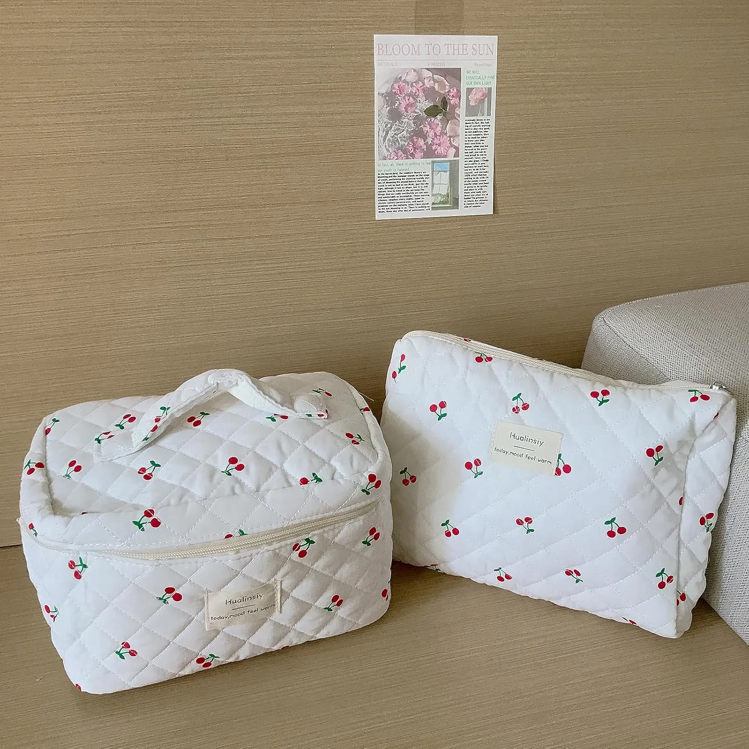Cherry Makeup Bag Set ， 3 PCS Cute Cherry Bag Set, Travel Toiletry Organizer quilted Bags ，Large Coquette Aesthetic Make Up Cosmetic Bag For Women (white-cherry)