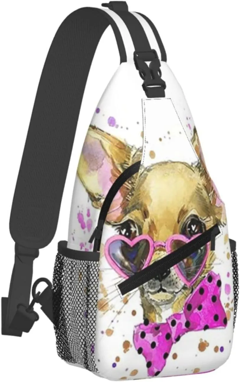Chihuahua With Heart Shaped Glasses Crossbody Backpack Dachshunds Dog Chest Bag Lightweight One Strap Backpack Multipurpose Travel Hiking For Men Women