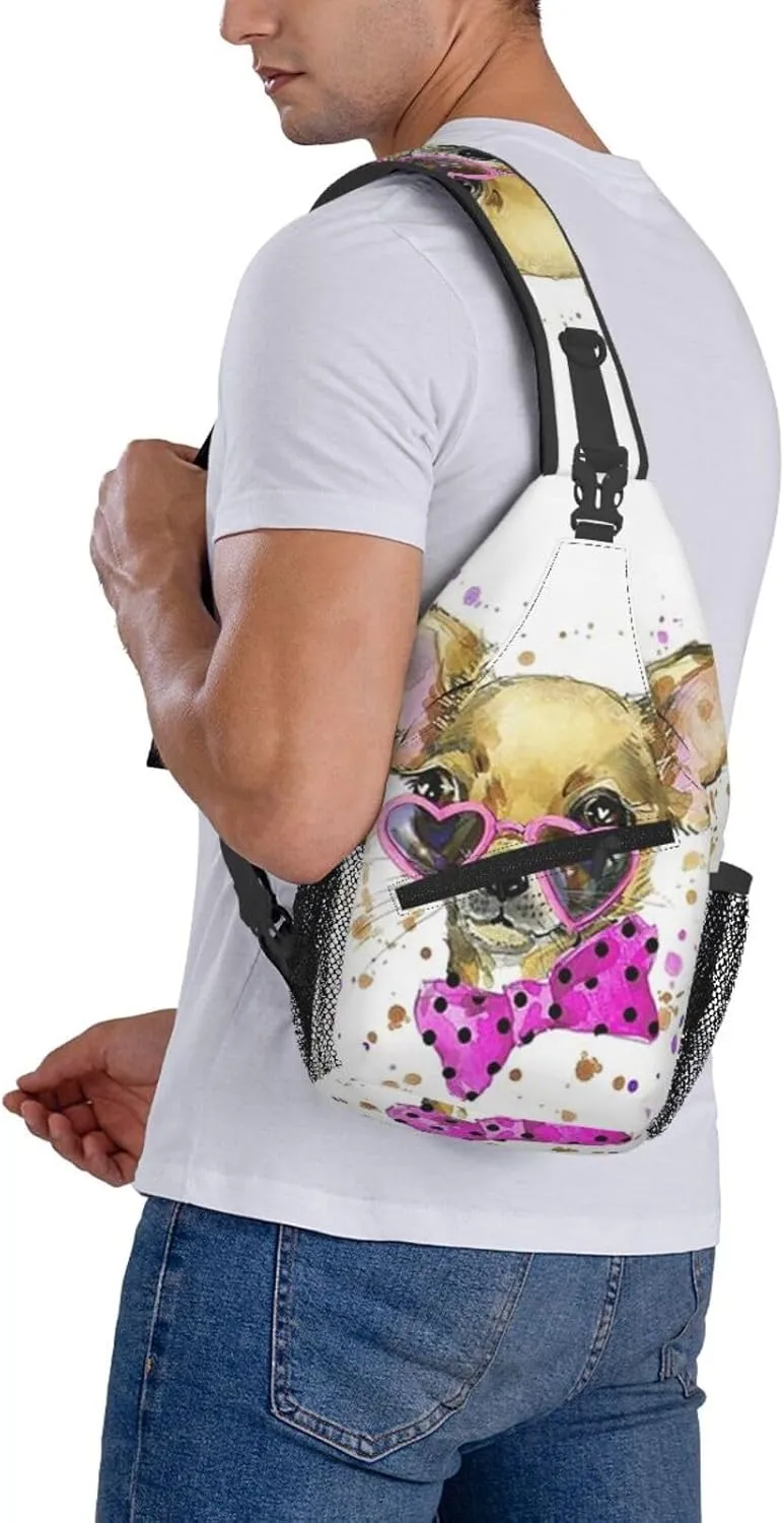 Chihuahua With Heart Shaped Glasses Crossbody Backpack Dachshunds Dog Chest Bag Lightweight One Strap Backpack Multipurpose Travel Hiking For Men Women
