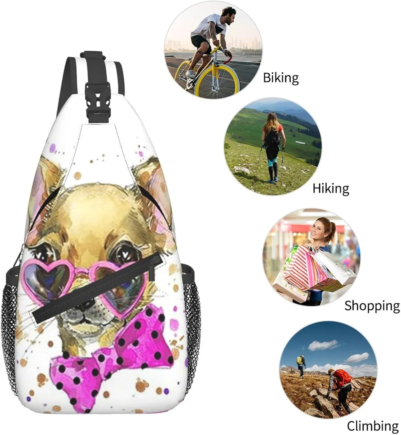 Chihuahua With Heart Shaped Glasses Crossbody Backpack Dachshunds Dog Chest Bag Lightweight One Strap Backpack Multipurpose Travel Hiking For Men Women