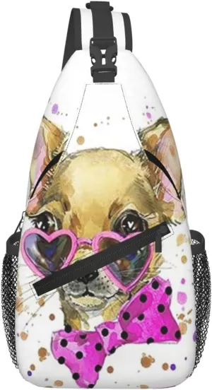 Chihuahua With Heart Shaped Glasses Crossbody Backpack Dachshunds Dog Chest Bag Lightweight One Strap Backpack Multipurpose Travel Hiking For Men Women