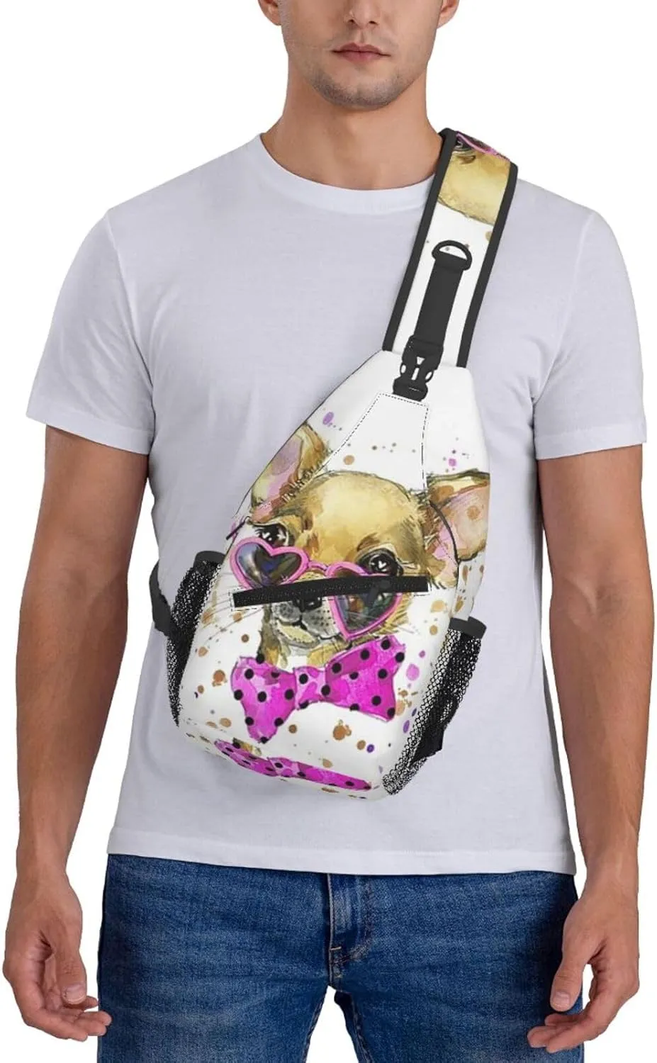 Chihuahua With Heart Shaped Glasses Crossbody Backpack Dachshunds Dog Chest Bag Lightweight One Strap Backpack Multipurpose Travel Hiking For Men Women