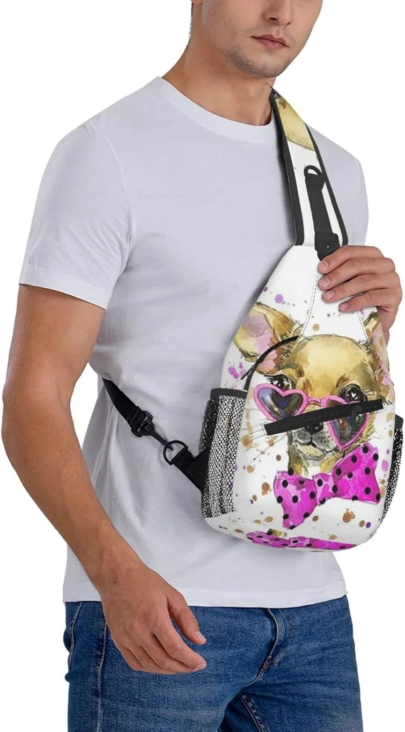 Chihuahua With Heart Shaped Glasses Crossbody Backpack Dachshunds Dog Chest Bag Lightweight One Strap Backpack Multipurpose Travel Hiking For Men Women