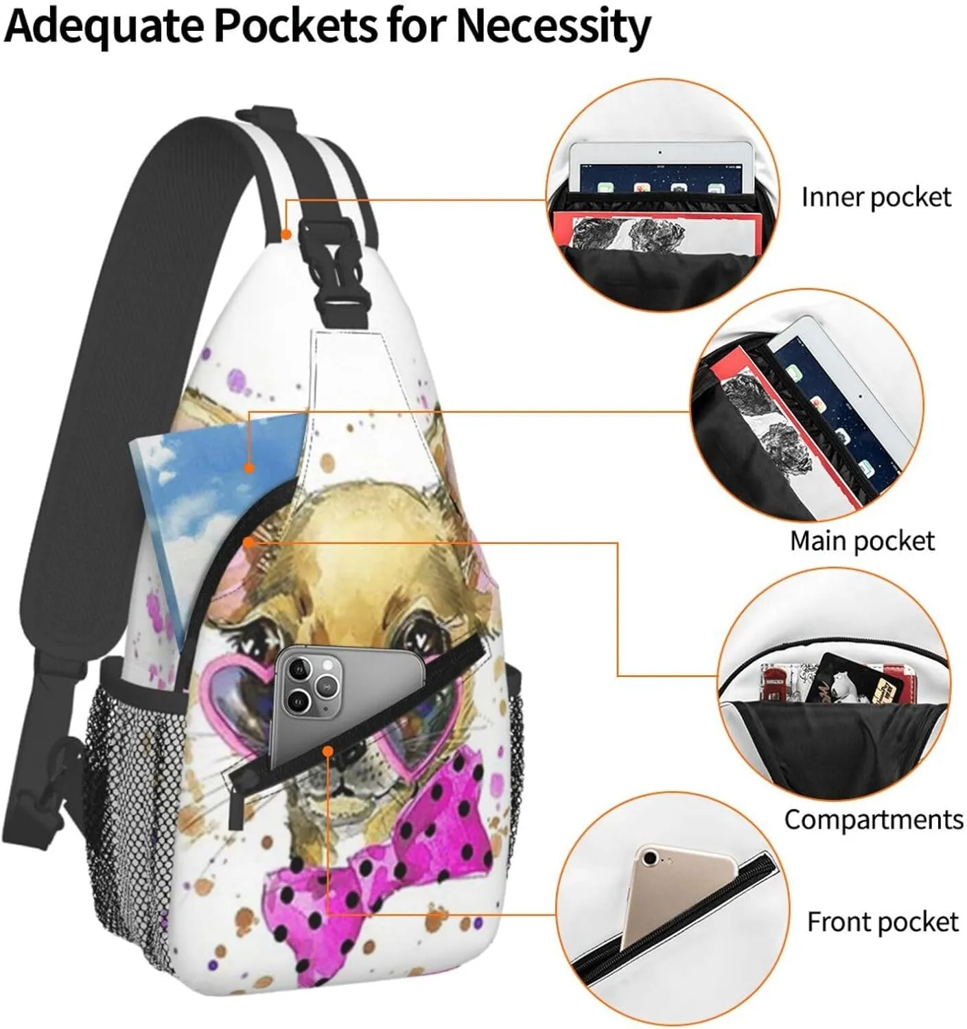 Chihuahua With Heart Shaped Glasses Crossbody Backpack Dachshunds Dog Chest Bag Lightweight One Strap Backpack Multipurpose Travel Hiking For Men Women