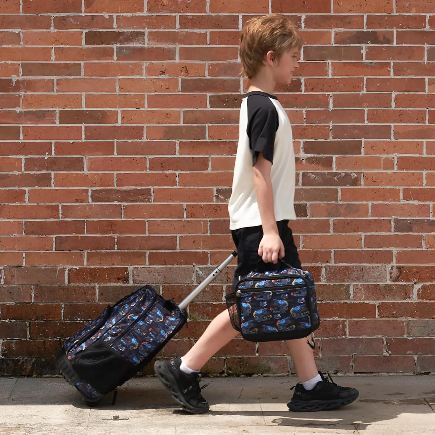Choco Mocha Rolling Backpack Boys, 18 Inch Rolling Backpack for Elementary School Bookbag with Wheels, Roller Backpacks with Lunch Bag Set for Boys, Truck Black