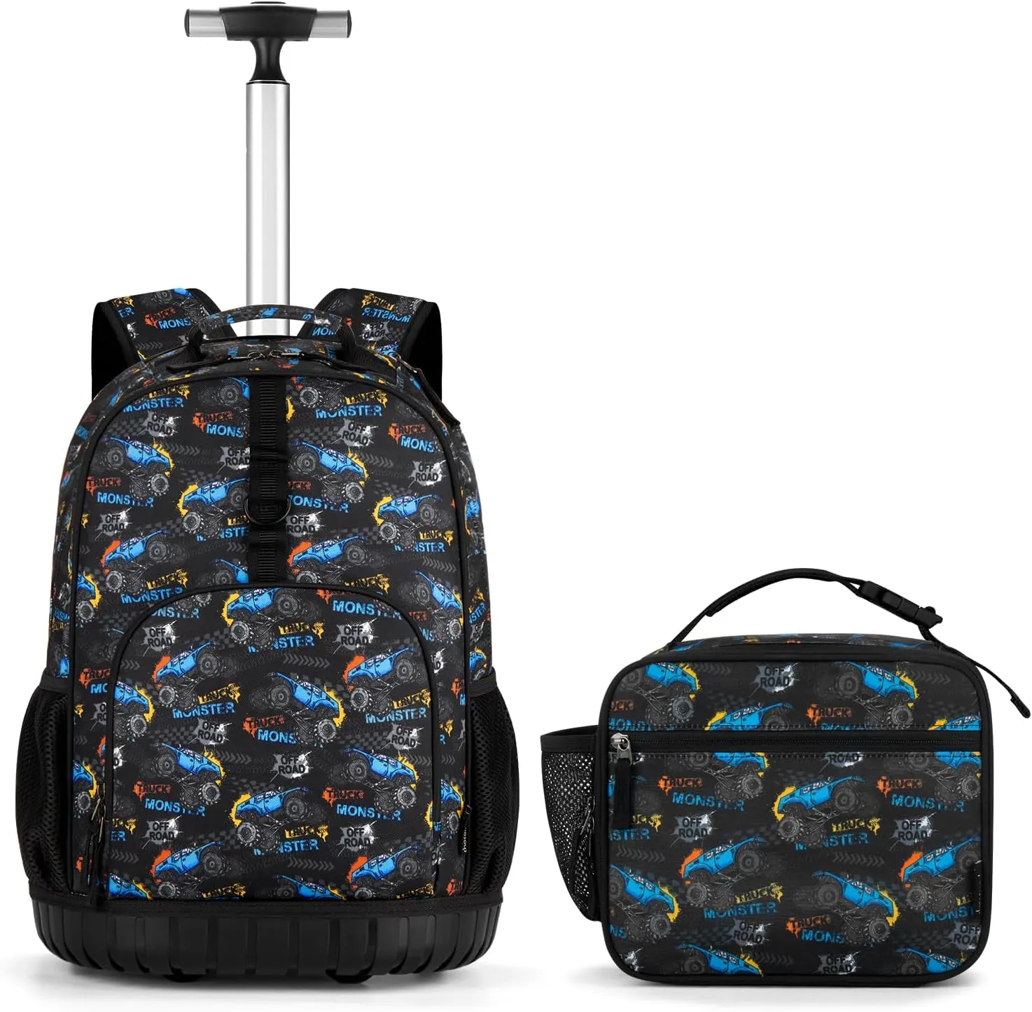Choco Mocha Rolling Backpack Boys, 18 Inch Rolling Backpack for Elementary School Bookbag with Wheels, Roller Backpacks with Lunch Bag Set for Boys, Truck Black