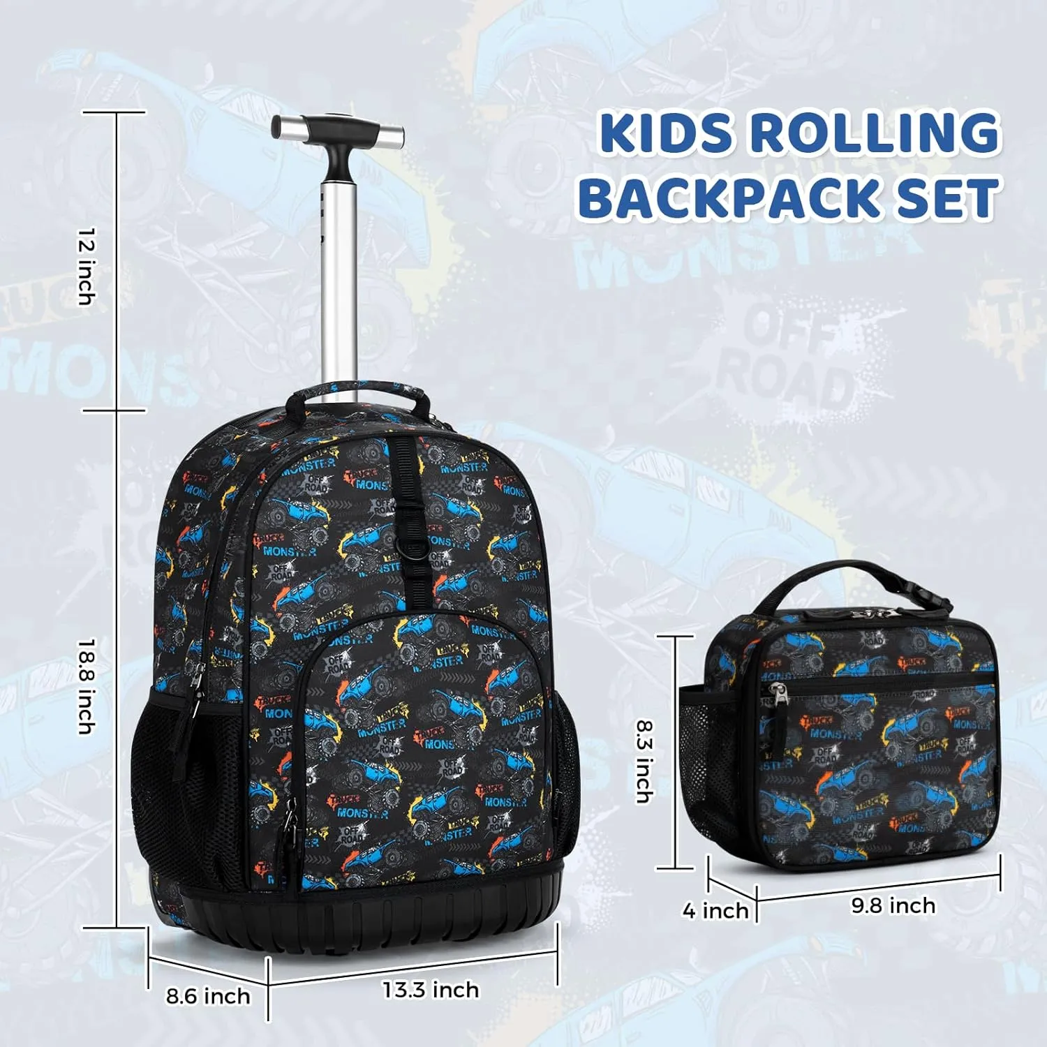 Choco Mocha Rolling Backpack Boys, 18 Inch Rolling Backpack for Elementary School Bookbag with Wheels, Roller Backpacks with Lunch Bag Set for Boys, Truck Black