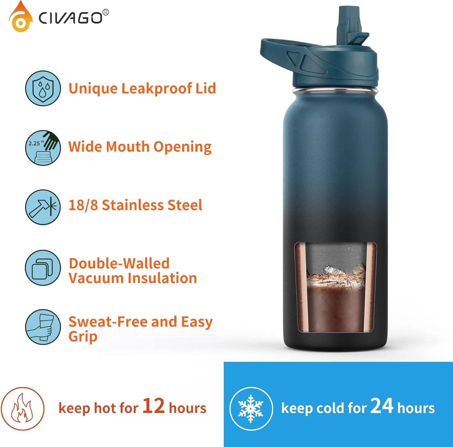 CIVAGO 32 oz Insulated Water Bottle With Straw, Stainless Steel Sports Water Cup Flask with 3 Lids (Straw, Spout and Handle Lid), Wide Mouth Travel Thermal Mug, Dark Rainbow