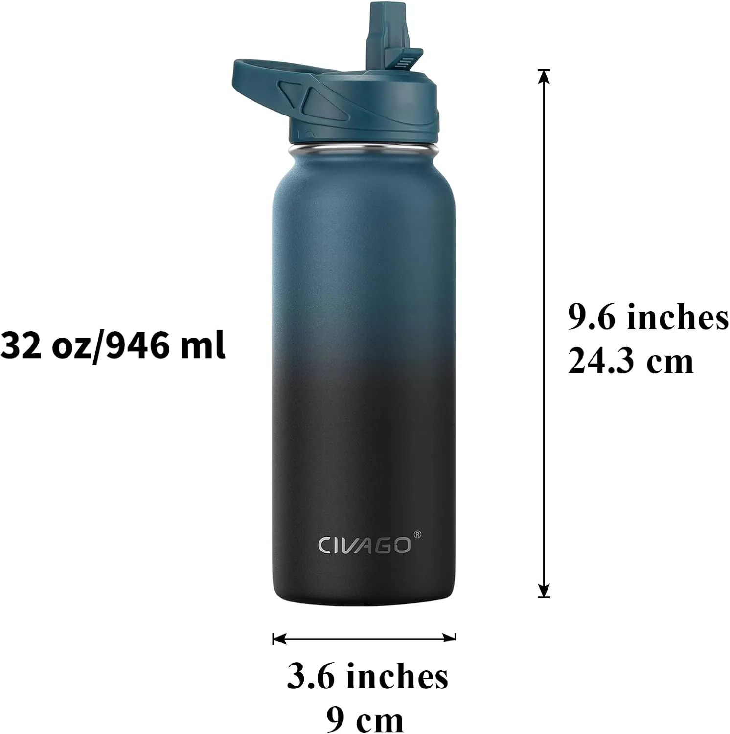 CIVAGO 32 oz Insulated Water Bottle With Straw, Stainless Steel Sports Water Cup Flask with 3 Lids (Straw, Spout and Handle Lid), Wide Mouth Travel Thermal Mug, Dark Rainbow