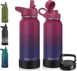 CIVAGO 32 oz Insulated Water Bottle With Straw, Stainless Steel Sports Water Cup Flask with 3 Lids (Straw, Spout and Handle Lid), Wide Mouth Travel Thermal Mug, Dark Rainbow