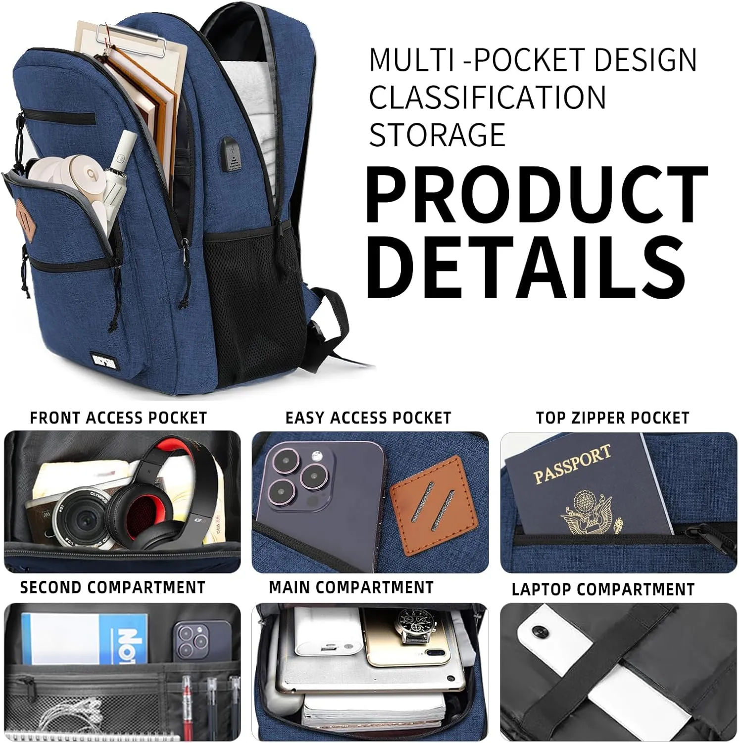 Classic Backpack for Men Women, School Backpack for Girls Boy Teens,15.6 Inch Laptop Bookbag with USB Charger for College High School Work Business Computer Back Pack,mochilas para hombres,Blue