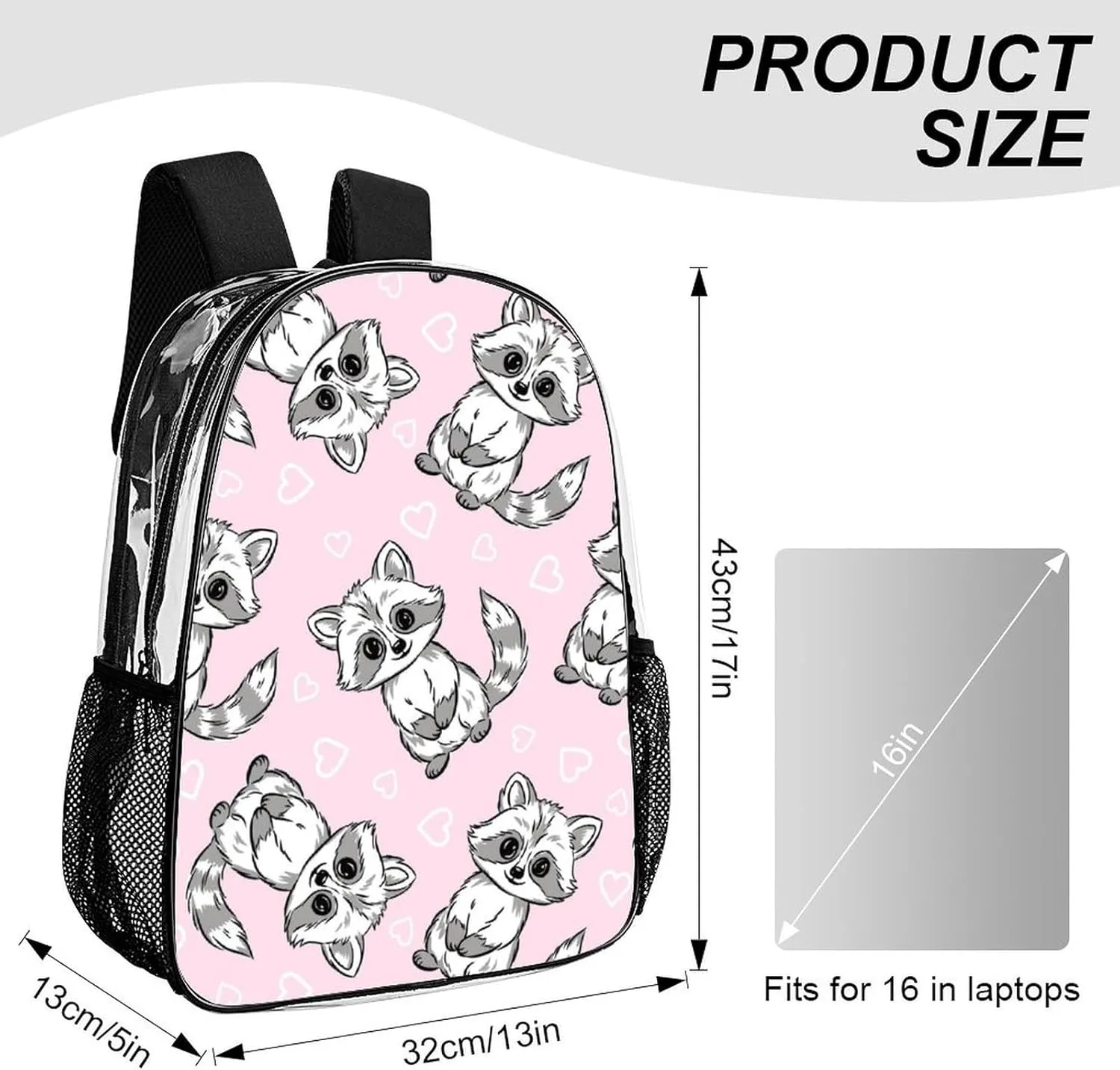 Clear Backpack Heavy Duty Summer Raccoon Cute 16 Inch for Stadium Events Concert Travel Work Sport Hiking Waterproof Sturdy Transparent Bag for Men Women