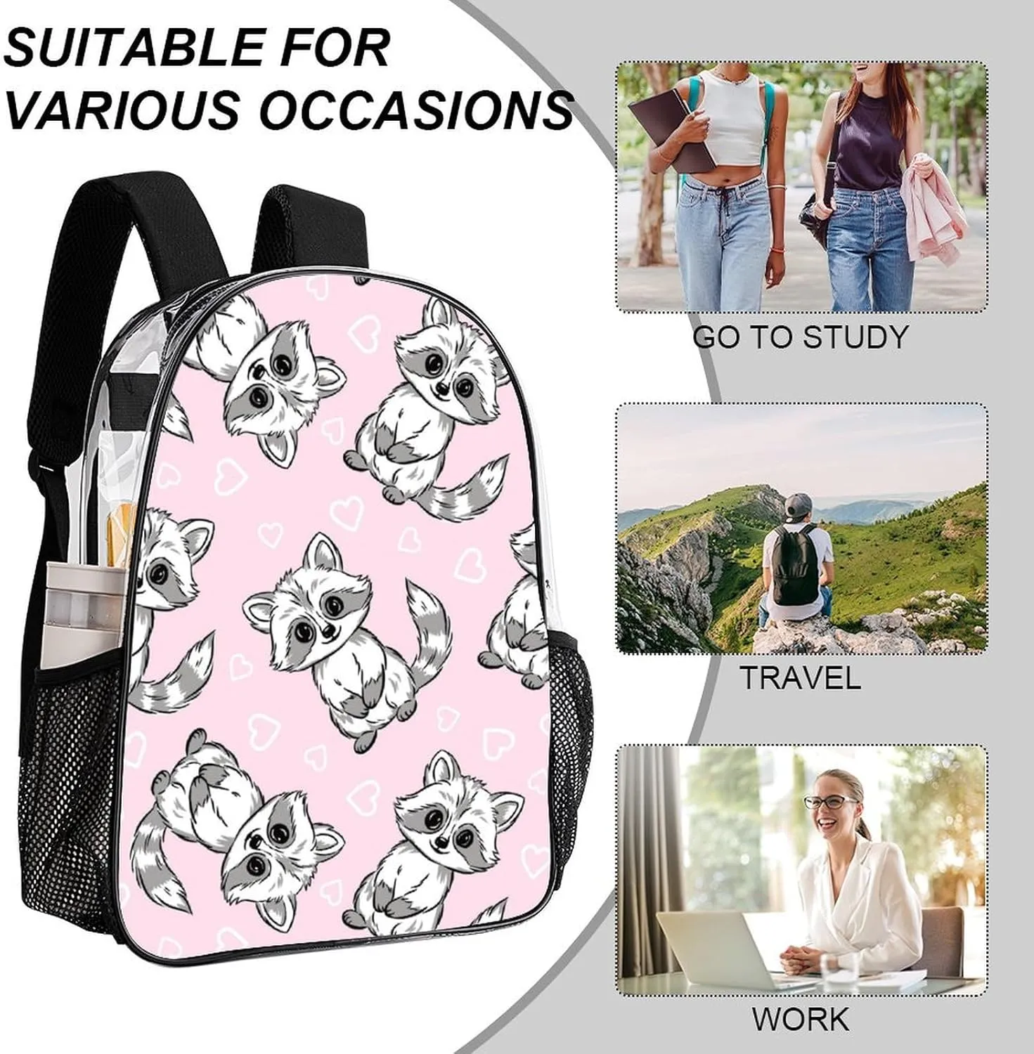 Clear Backpack Heavy Duty Summer Raccoon Cute 16 Inch for Stadium Events Concert Travel Work Sport Hiking Waterproof Sturdy Transparent Bag for Men Women