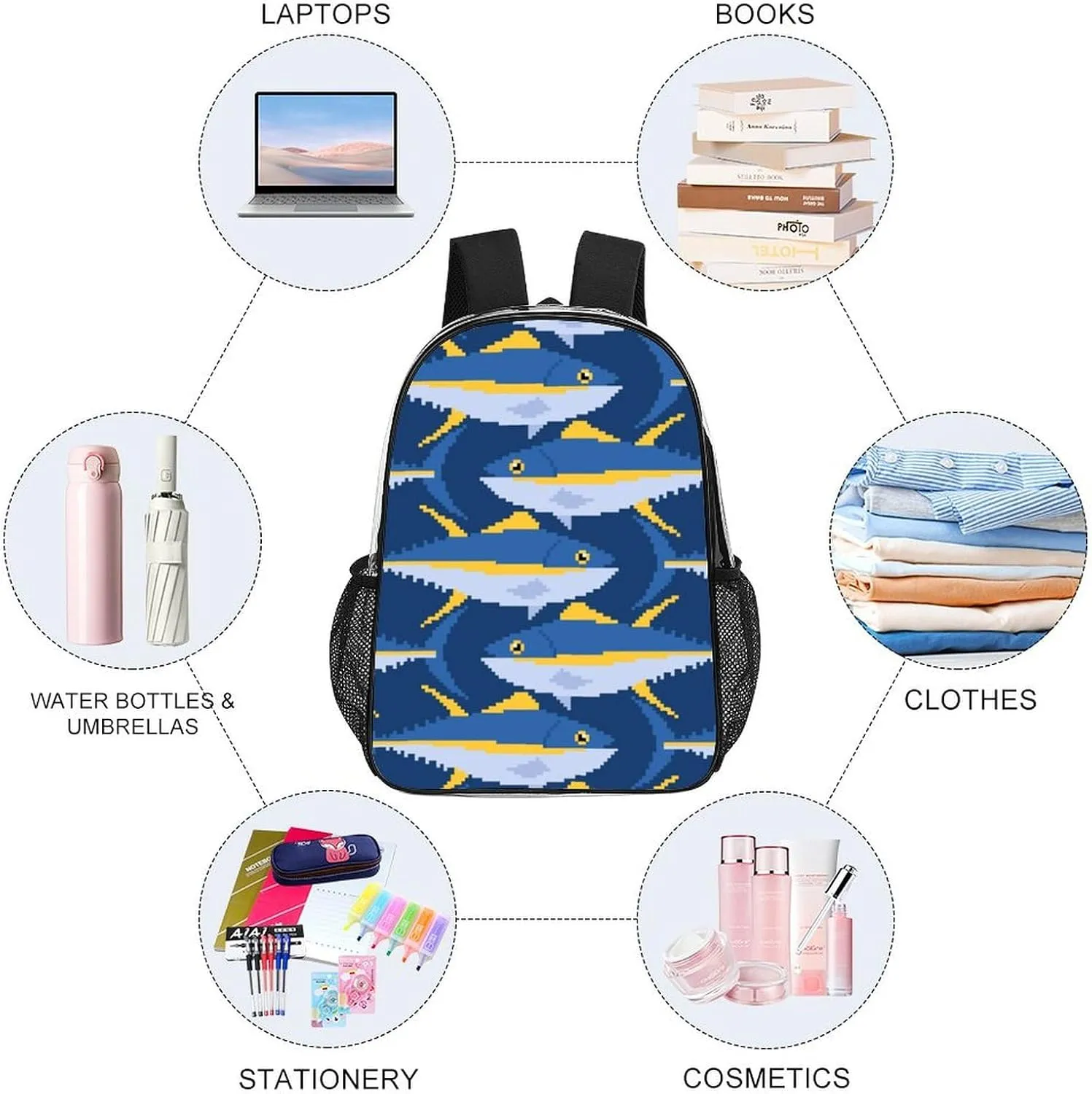 Clear Backpack Heavy Duty Tunny Seafood Fish 16 Inch for Stadium Events Concert Travel Work Sport Hiking Summer Waterproof Sturdy Transparent Bag for Men Women