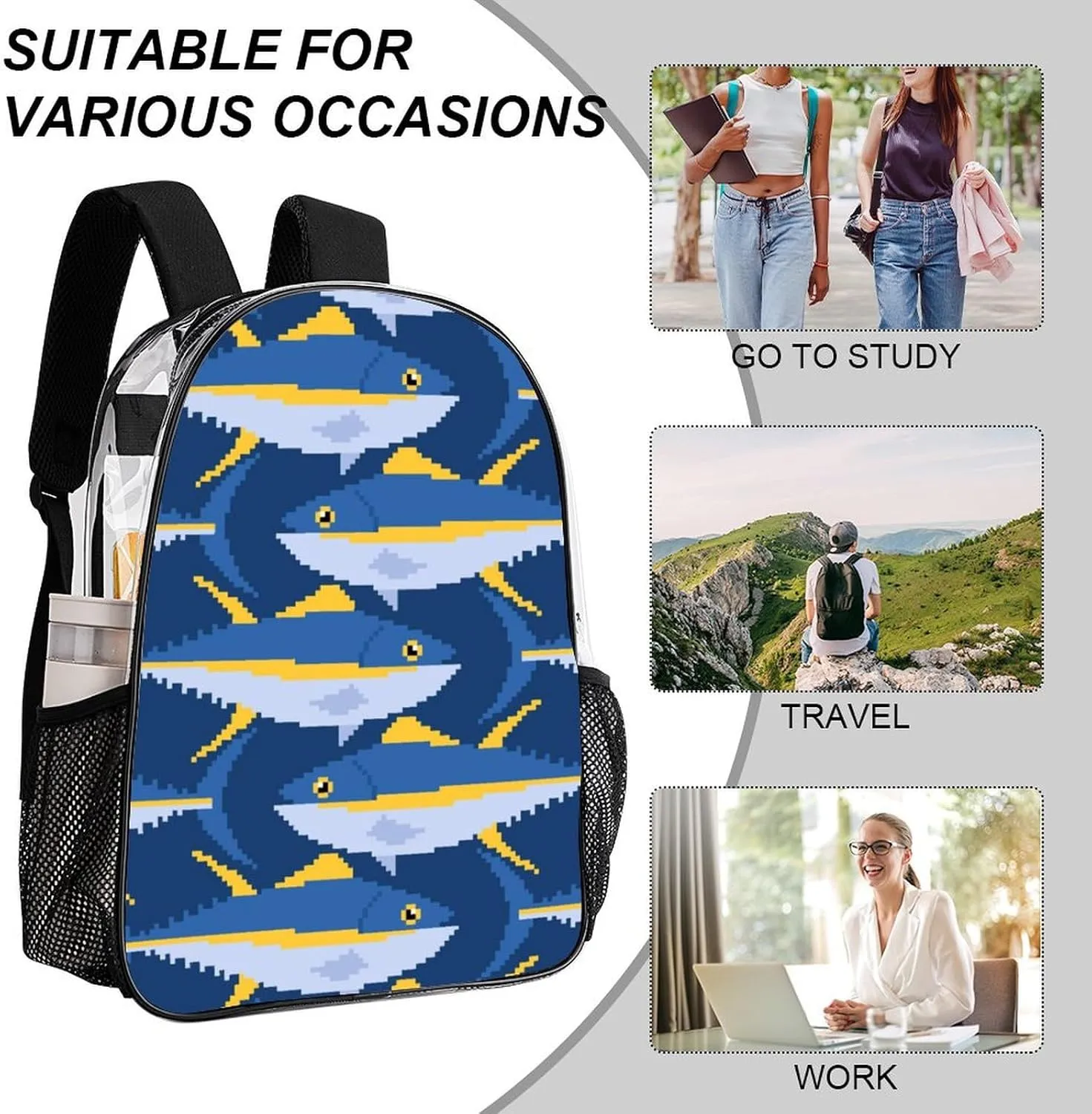 Clear Backpack Heavy Duty Tunny Seafood Fish 16 Inch for Stadium Events Concert Travel Work Sport Hiking Summer Waterproof Sturdy Transparent Bag for Men Women
