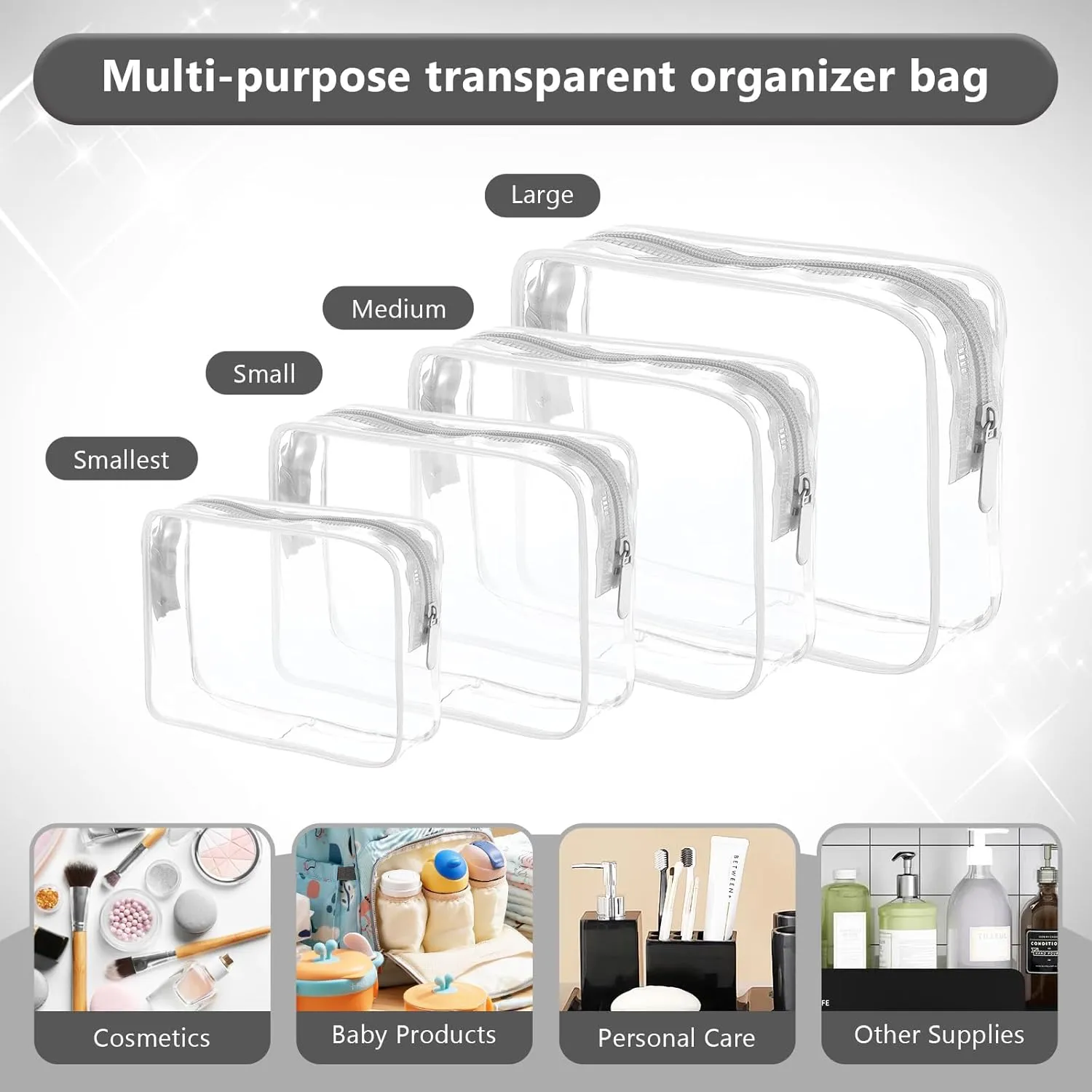 Clear Cosmetic Bag, 4 Pcs Waterproof Clear Plastic Cosmetic Makeup Bags, Transparent Packing Organizer Storage Bags，Christmas Gift for Mother,Wife,Grilfriends(White)