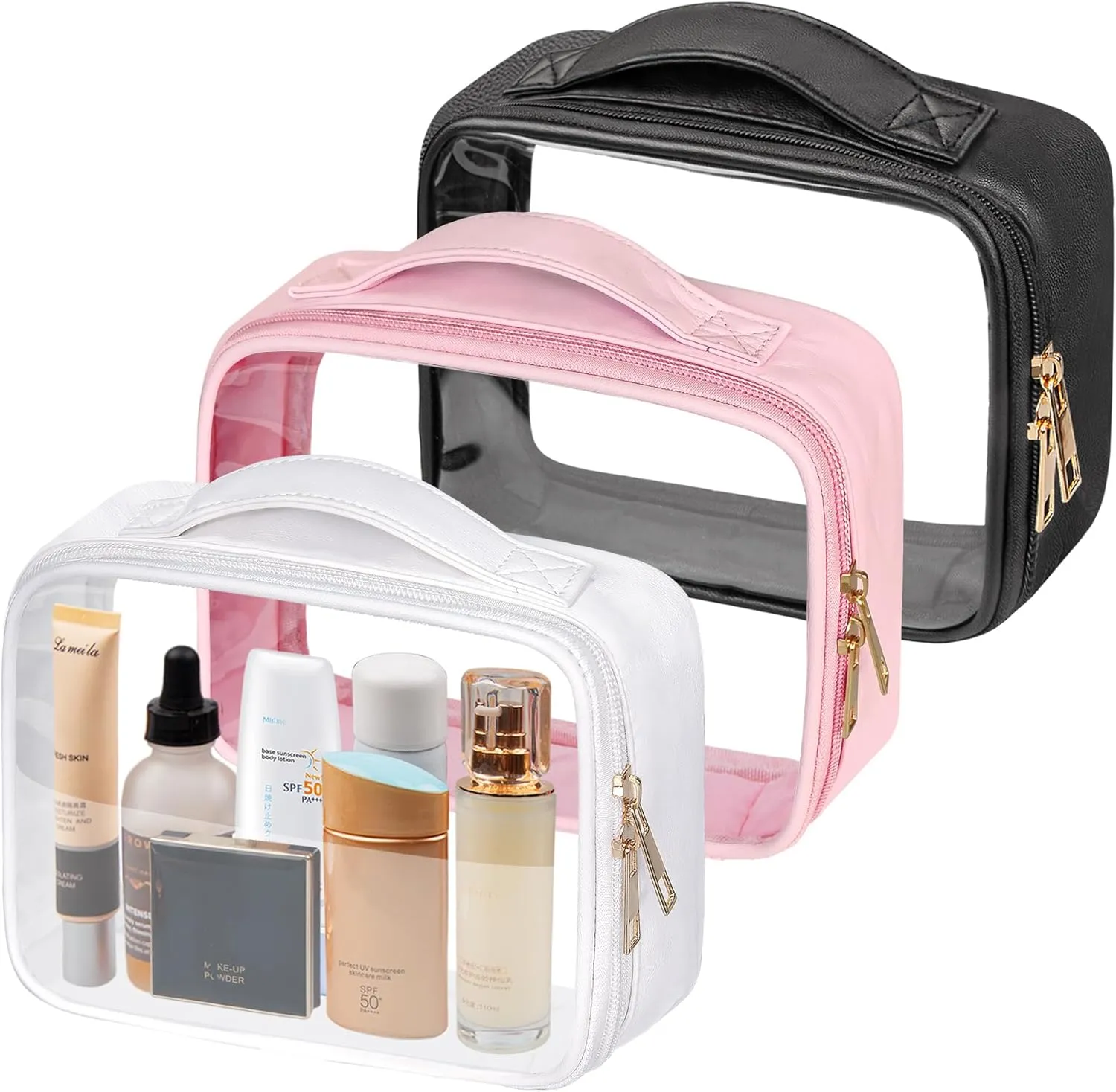 Clear Cosmetic Bags 3pack Makeup Toiletry Bag with Handle Travel Essentials for Men and Woemn(Black White Pink)